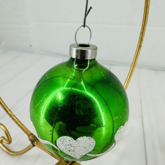 Christmas Tree Ornament Blown Glass Round Mica Hearts Green Ball 3" - Picture 3 of 16